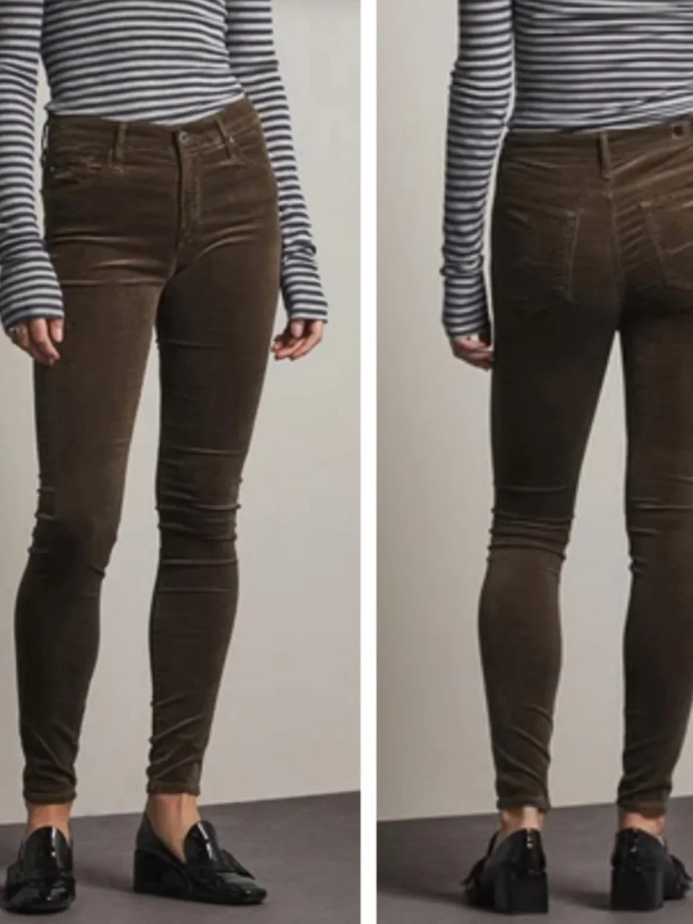 AG Adriano Goldschmied Farrah High Rise Skinny Olive/Brown Velvet Jeans W 29